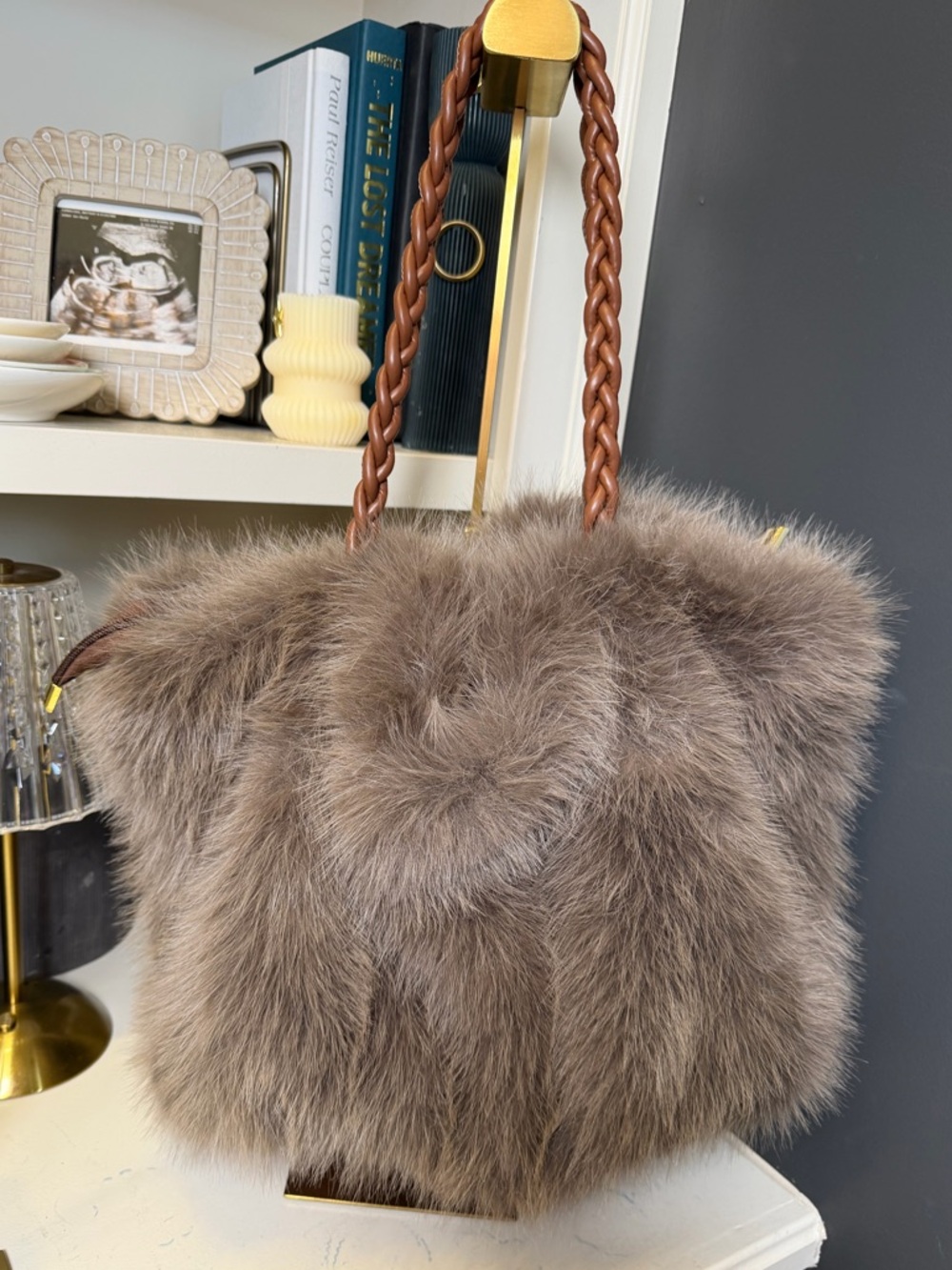 Soft Faux Fur Tote Bag Neutral Brown Gray Shoulder Bag NWOT - Picture 2 of 5